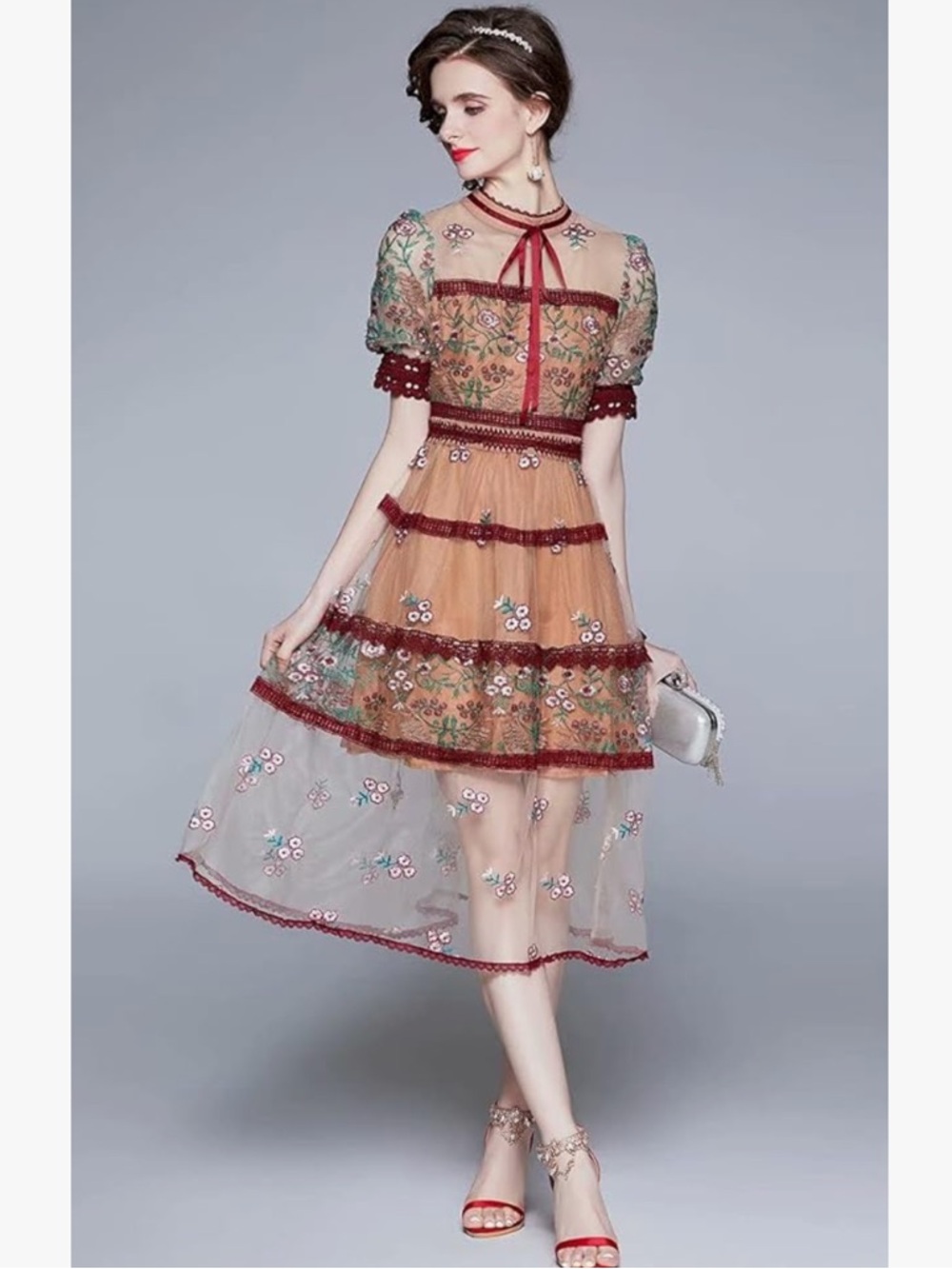 Ma Cherie Embroidered Floral Midi Dress with Red Trim